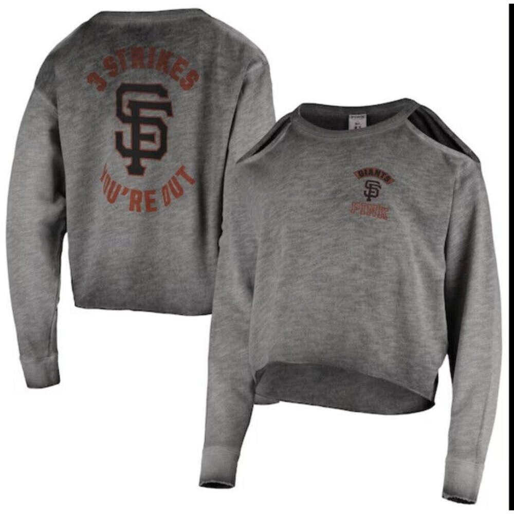 VS Pink MLB Collection Gray Cropped 3 Strikes Shoulder Cut Out Sweatshirt Sz S
